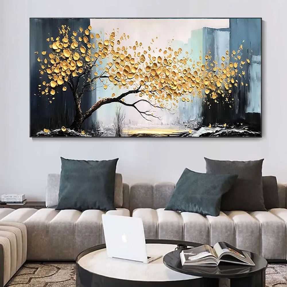 Large handmade oil painting on canvas of a golden tree still life, unframed horizontal single panel for modern wall decor