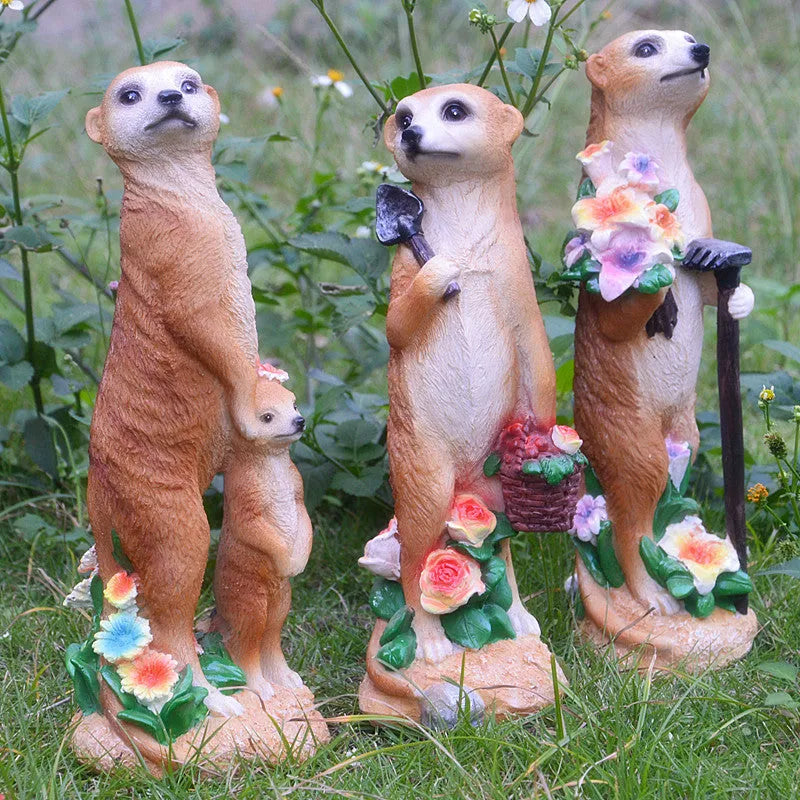 Synthetic resin straw hat mongoose garden ornament for bonsai and craft decoration.