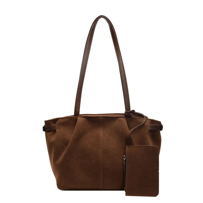 PU suede casual commute handbag horizontal square shape black zipper changing compartment double shoulder straps