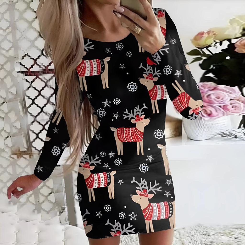 Christmas printed dress with animal pattern design showing narrow fit and hip skirt styling