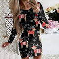 Christmas printed dress with animal pattern design showing narrow fit and hip skirt styling