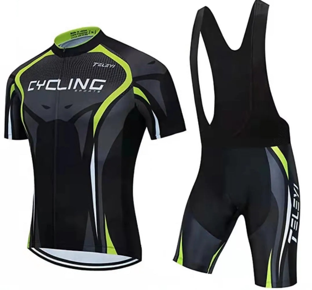 Cycling jersey set with moisture-wicking top and pants for summer mountain and road biking