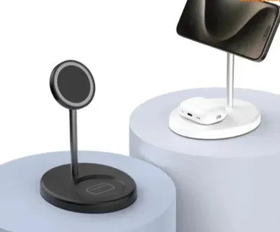 30W vertical wireless charger in white or black colour with cooling holes and anti-slip base