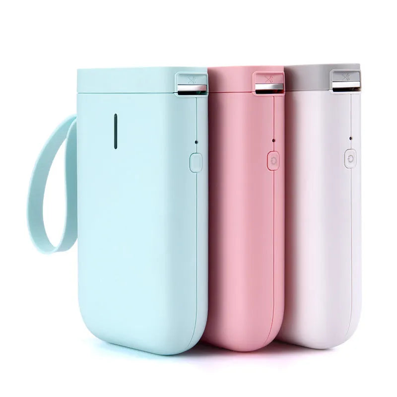 D11 Bluetooth thermal label printer in black, white, pink, or green, shown with smartphone app and printed labels.