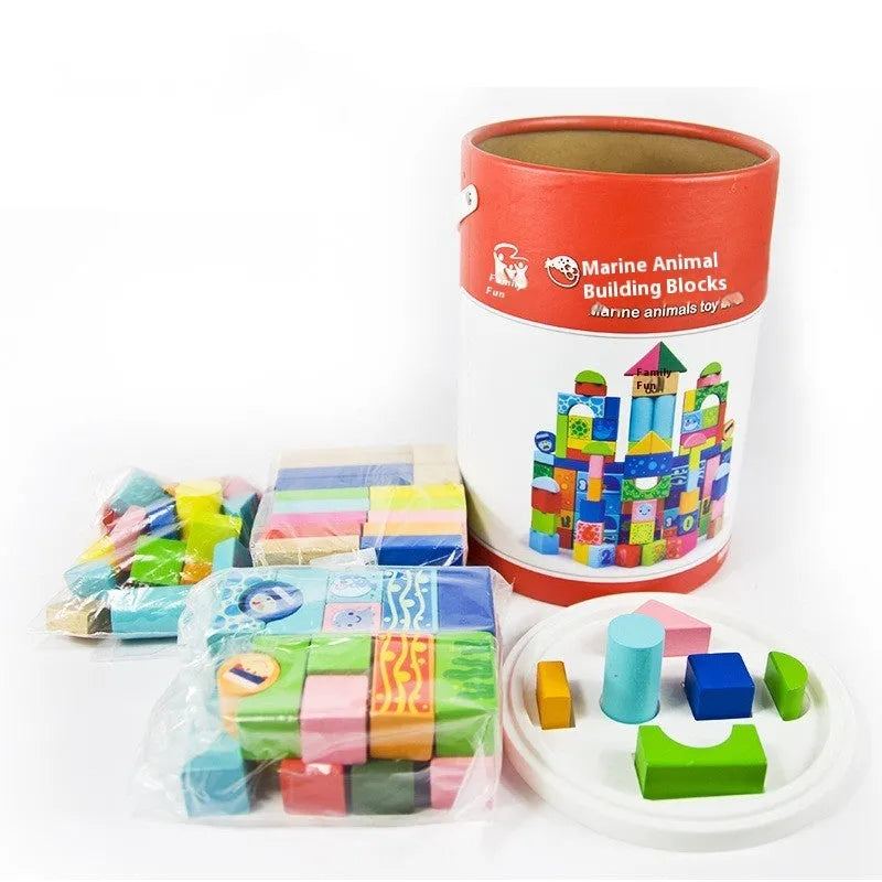 Ocean 100 puzzle blocks made of beech and maple wood in a paper tube with marine life designs