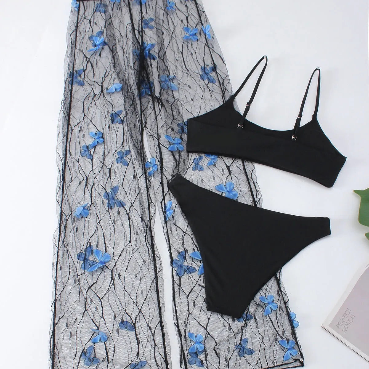 Women's black butterfly patterned bikini three-piece swimsuit set with transparent voile fabric