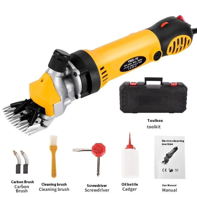 Yellow electric sheep shearing machine with 13 straight teeth and complete accessory set including multiple blades and tools