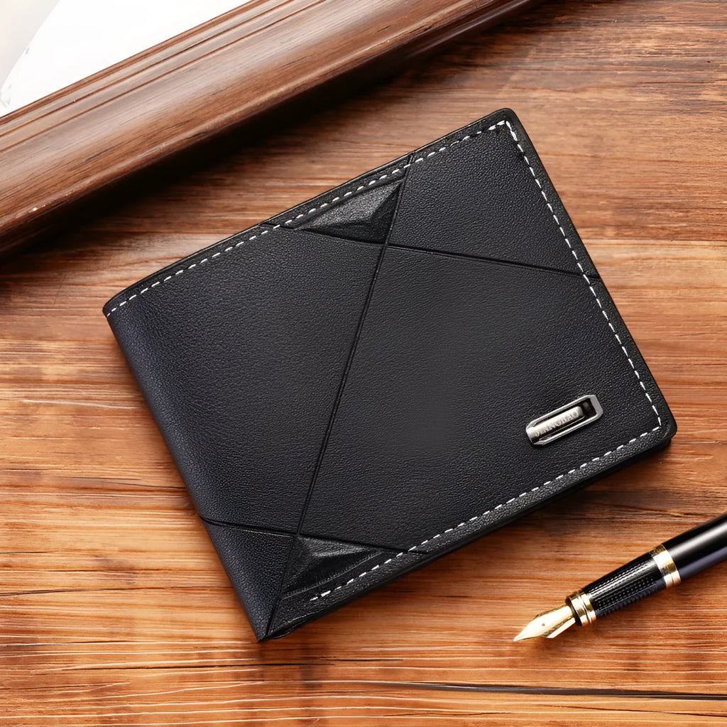 Men's black three-fold horizontal PU leather wallet showing multiple card slots.