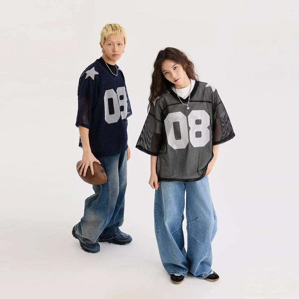 Black loose fit half sleeve shirt with white letter pattern, pullover style