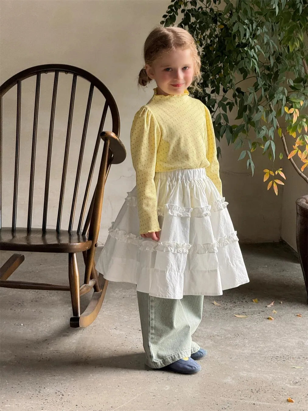 Girls' yellow floral knitted pullover with wooden ear detail and bubble sleeves, cotton, long sleeve