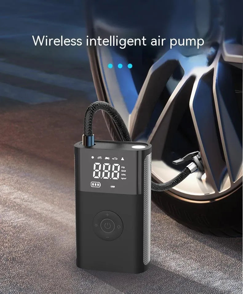 Handheld wireless digital car tyre inflator with LCD screen, made from black ABS plastic, shown with charging cable and nozzle adaptors.