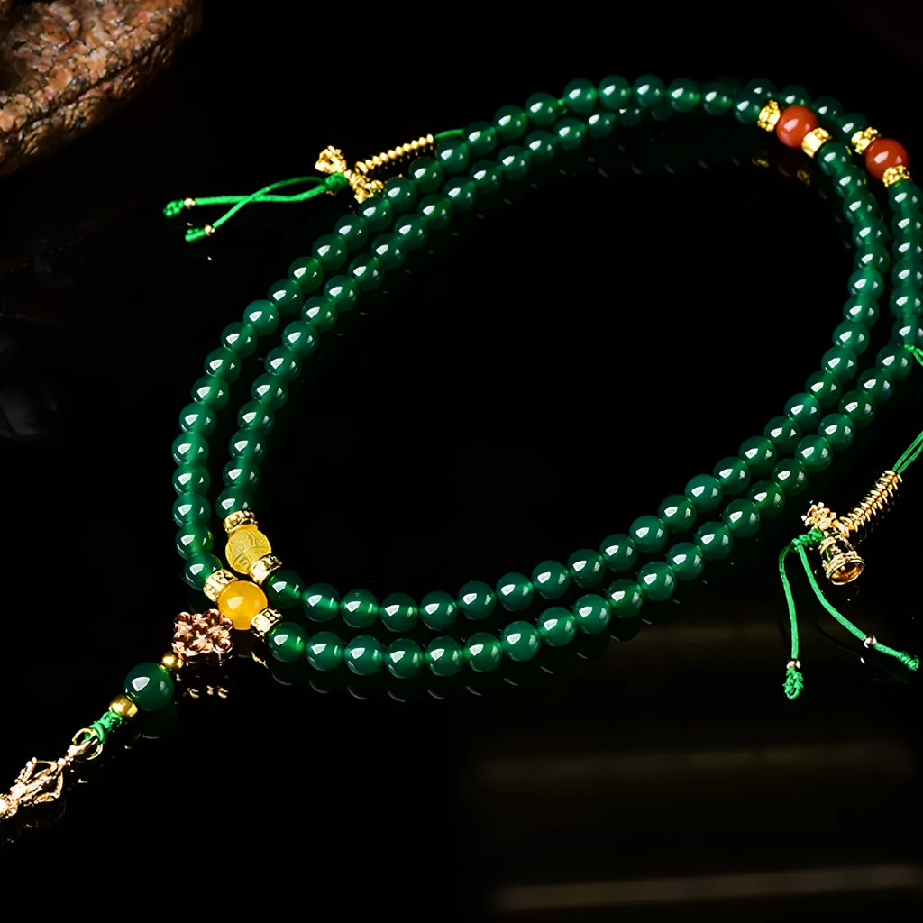 Brazilian natural green agate multi-circle bracelet for men and women on a wrist.