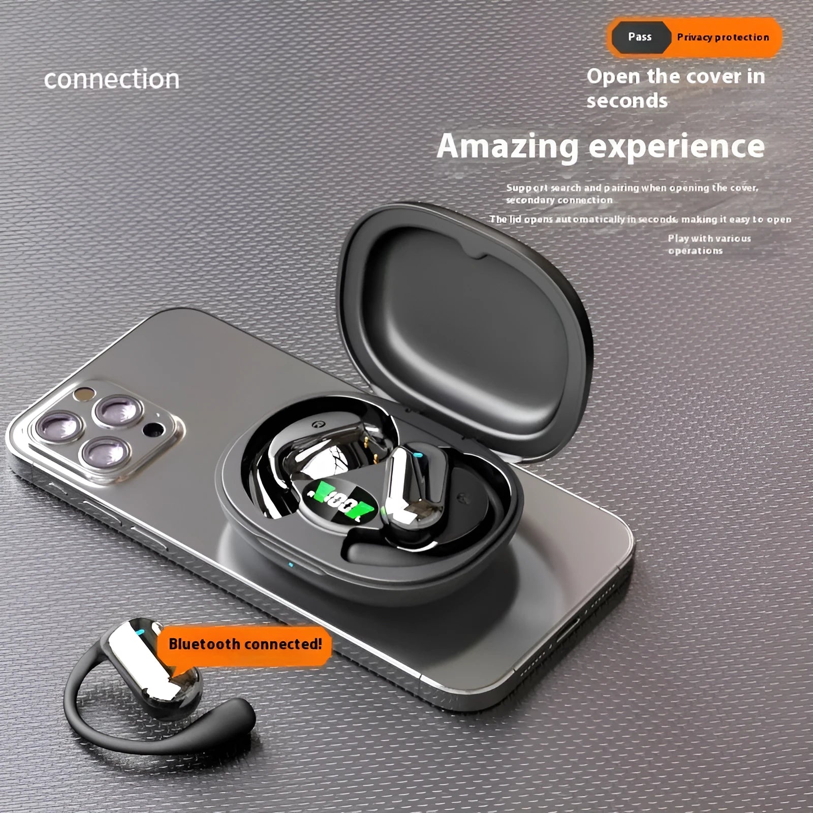 Sports ear hook open Bluetooth headset in black with digital display, Jerry chip, and waterproof build
