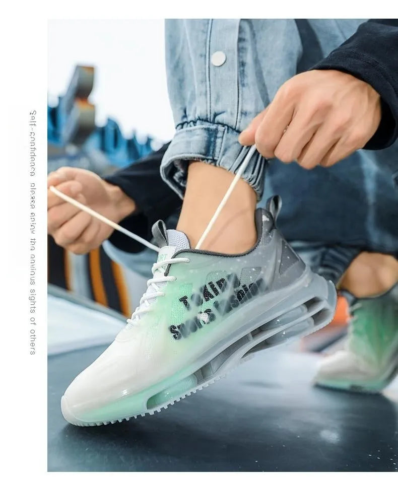Men's black and green platform sole running shoes with mesh upper and lace-up front.