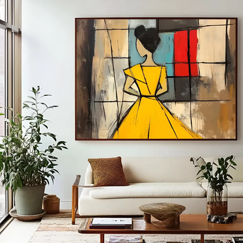 Abstract woman handmade oil painting in brown and green tones on canvas, vertical orientation, wabi sabi style, no frame