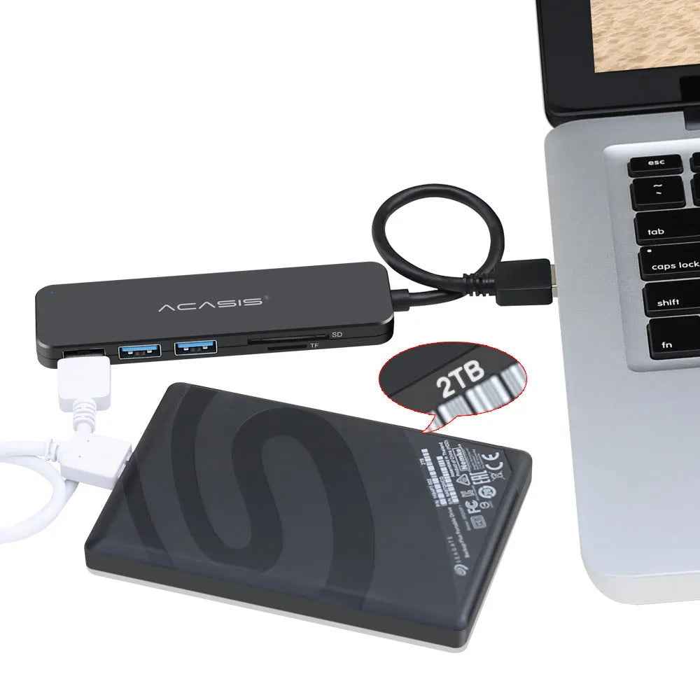 Black USB hub card reader with cable, 5Gbps, for USB 2.0/3.0