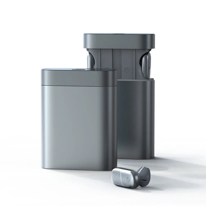Silver gray wireless Bluetooth V5.0 headset with 3000mAh charging compartment and mobile power supply function, 74 x 28 x 95 mm