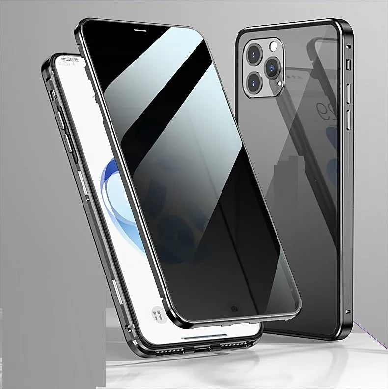 Gold magnetic clamshell phone case with double-sided glass privacy screen for iPhone.