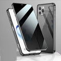 Gold magnetic clamshell phone case with double-sided glass privacy screen for iPhone.