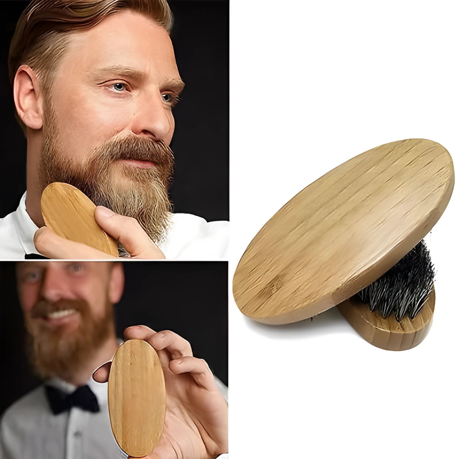 Natural boar beard brush for men in black finish with dense bristles on a table