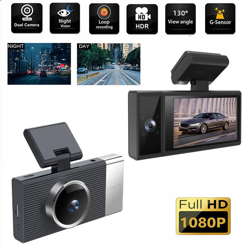 WIFI driving recorder with 3-inch screen showing multiple lens configuration options