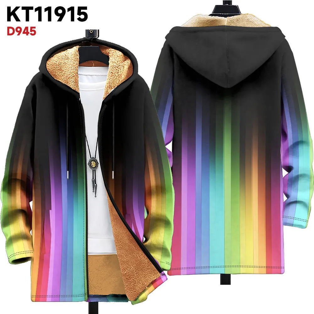Men's zip-front hooded cardigan with multicolour digital printed pattern in loose fit