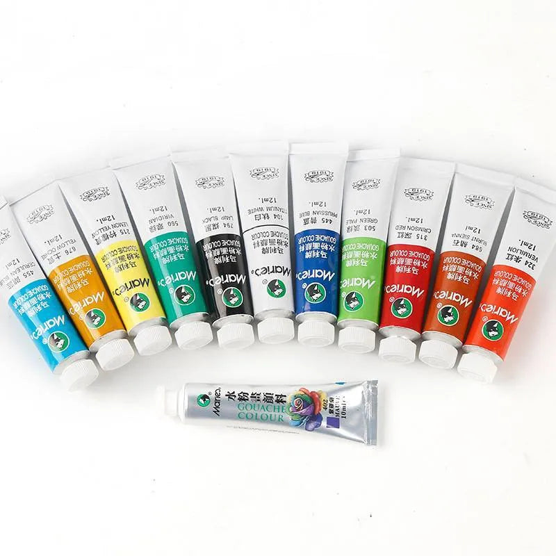 Gouache paint set showing tubes in a box, available in 12, 18, or 24 colour options.
