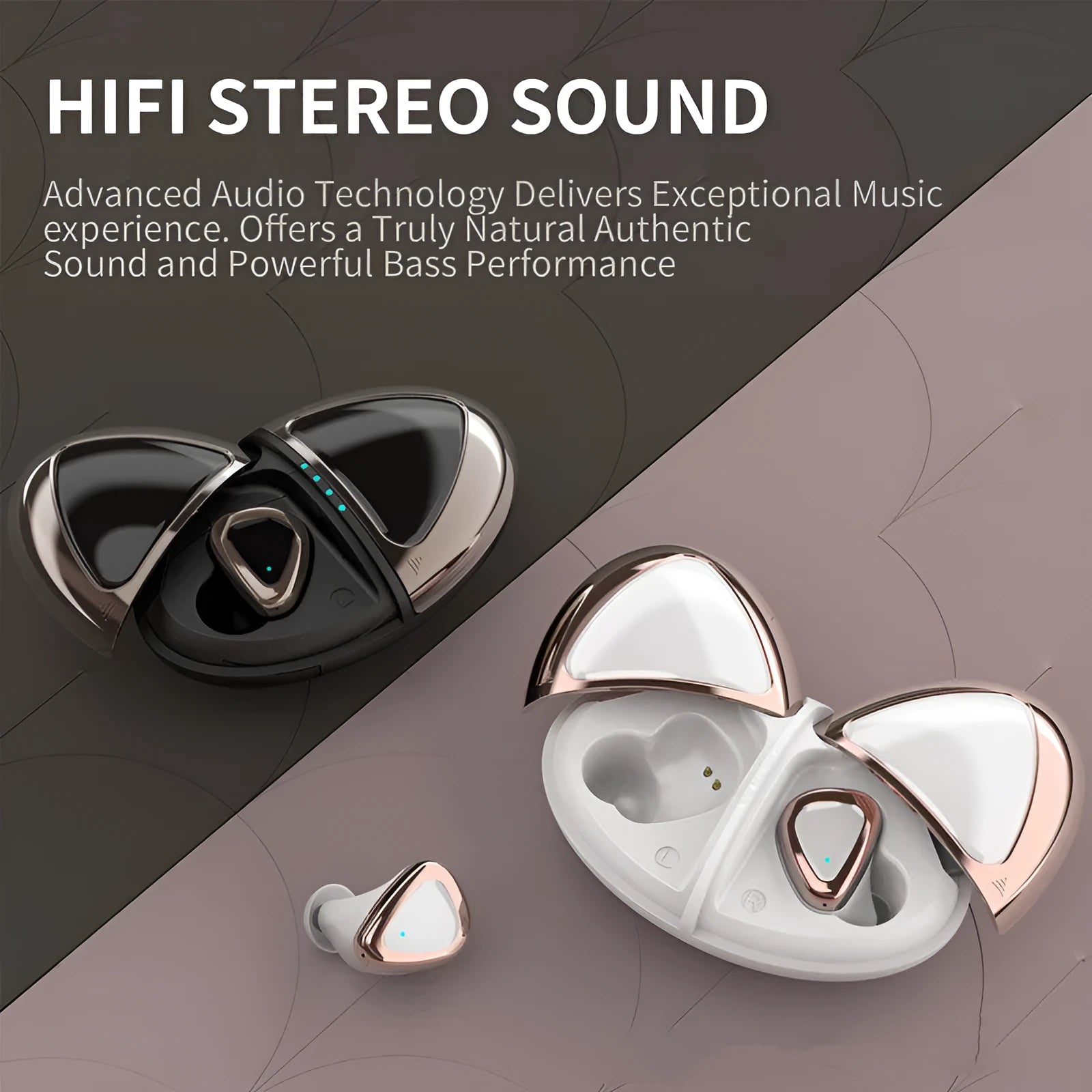 Champagne White true wireless Bluetooth headset with noise reduction, breathing light, and low latency for sports and gaming