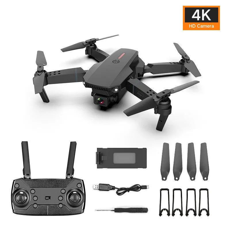 Grey foldable 4K drone with dual camera system and remote control