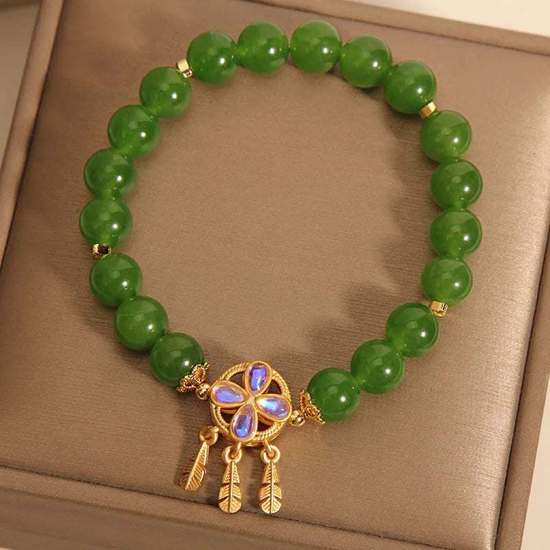 Green Jasper bracelet for women with crystal four-leaf clover dream catcher pendant
