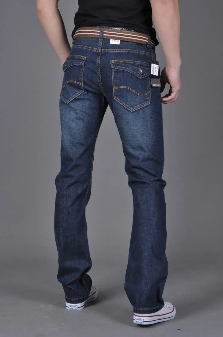 Men's blue denim straight-leg long pants, 75% cotton, full length, sizes 28-38