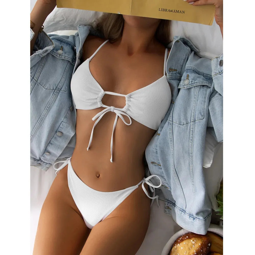 Women's solid colour drawstring bikini in quick-drying nylon fabric