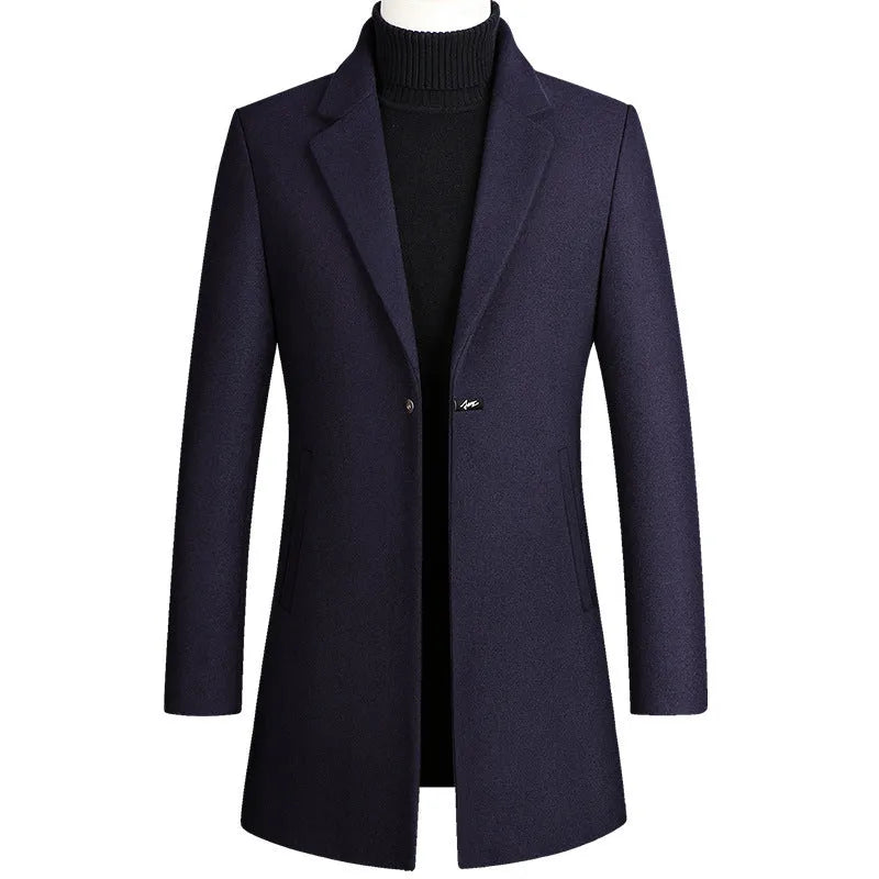 Korean style long woolen trench coat, single button, straight hem, no belt, available in five colours.