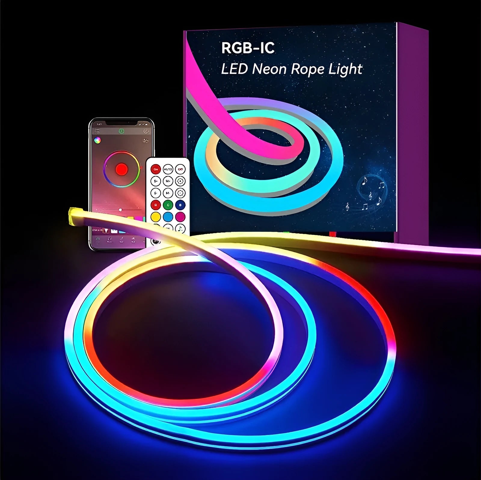 Colorful neon LED light bar strip with silicone housing, 72 LED beads, music sync remote control