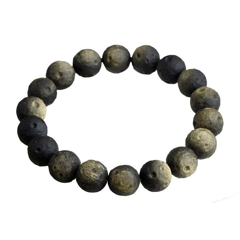 Natural obsidian crater ball bracelet with grinding texture in silver or golden meteorite colours