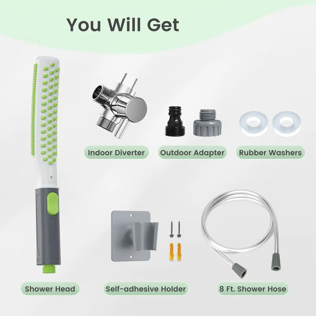 Pet bathing brush showerhead in green and white, made of ABS material, for washing dogs