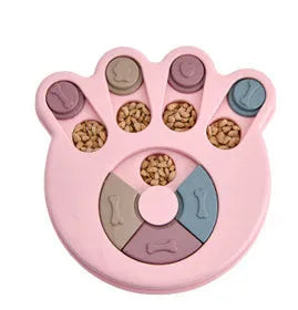 Dog puzzle feeder toy in PP material with non-slip base, available in footprint, round and hexagonal styles.