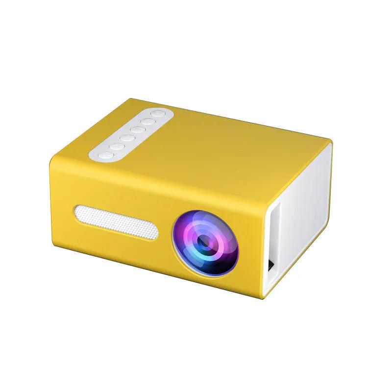 Mini LED projector in black, blue or yellow with HD 1080P support, 16-100 inch screen, HDMI USB AV ports.