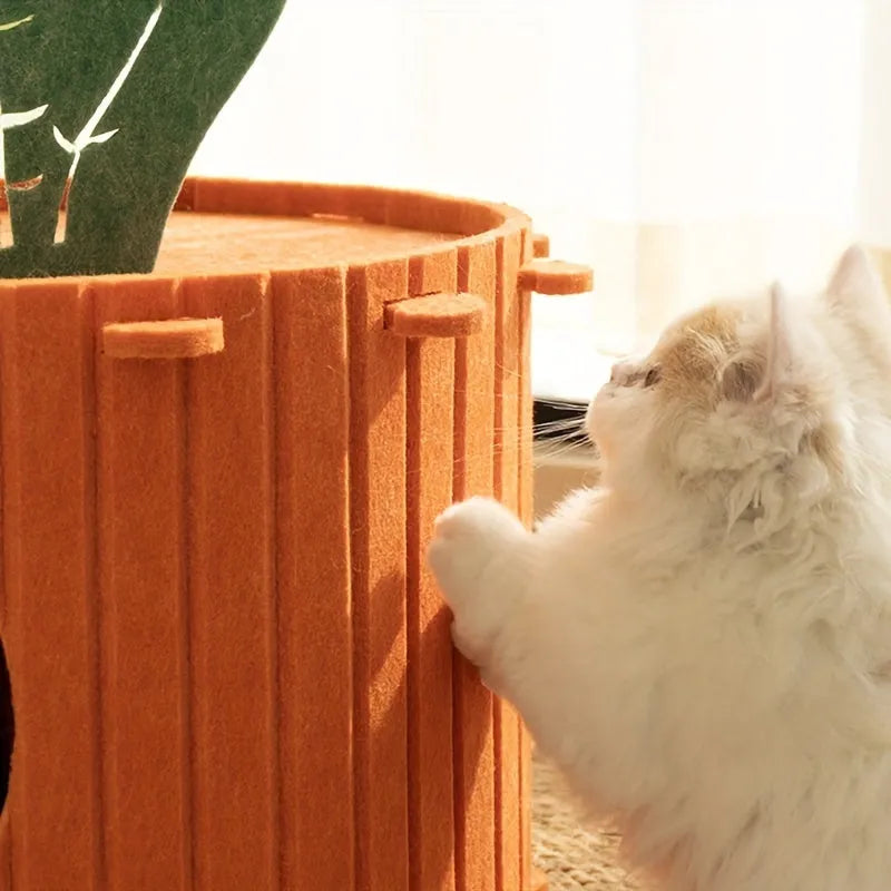 A soft grey felt cat tunnel nest with a round entrance, shown in two different sizes.