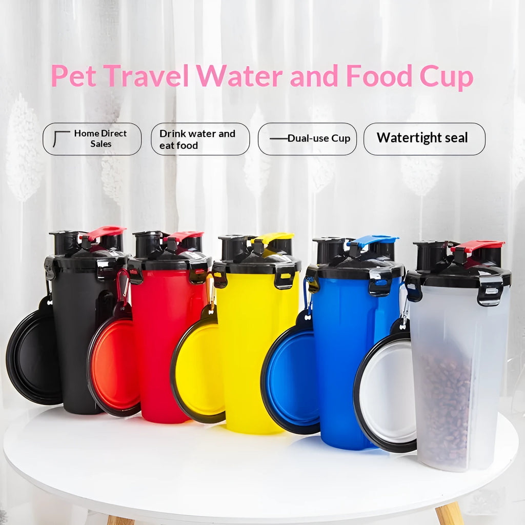 Portable foldable plastic pet dog water cup and bowl set with hanging clip, in black and blue, on a white background.