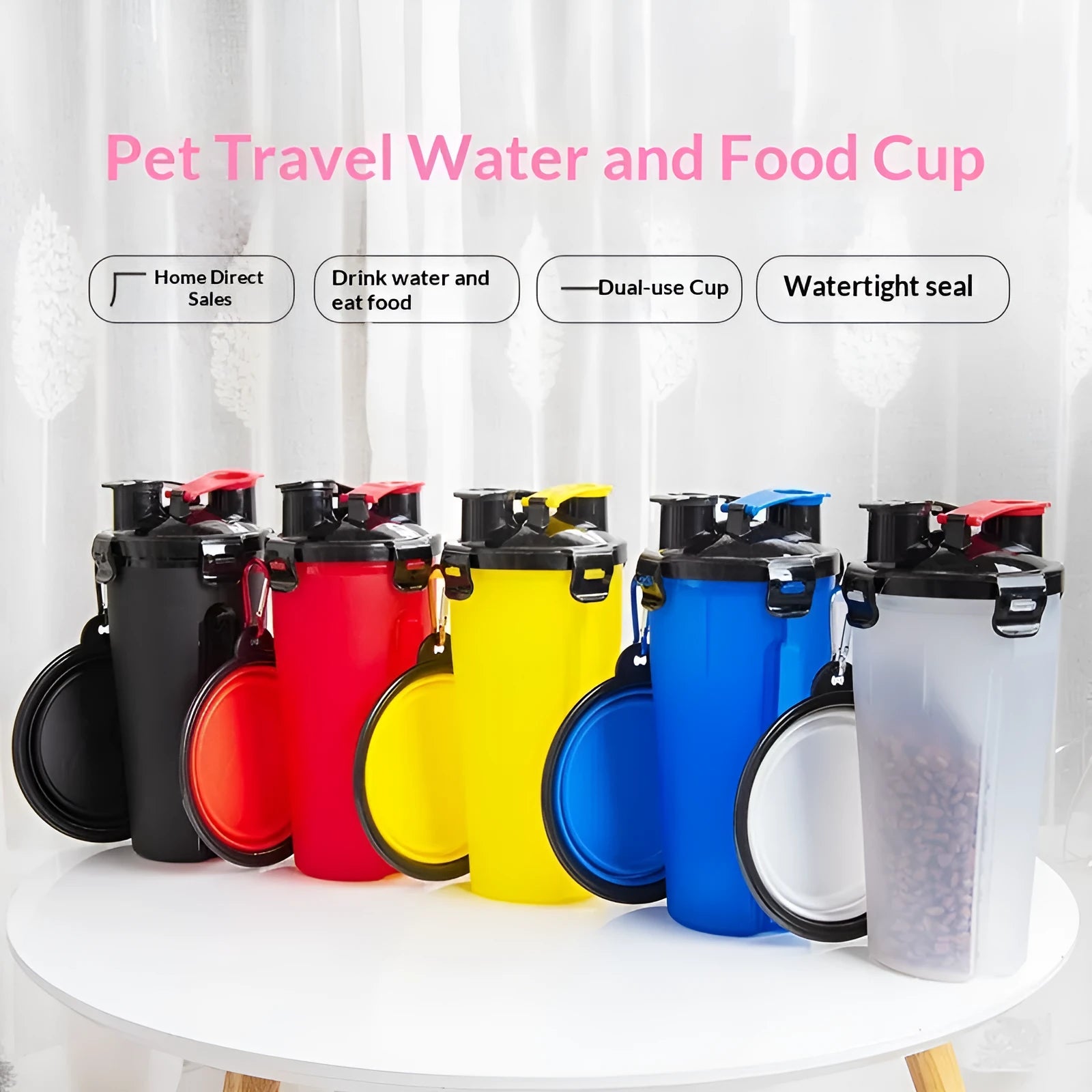 Portable foldable plastic pet dog water cup and bowl set with hanging clip, in black and blue, on a white background.