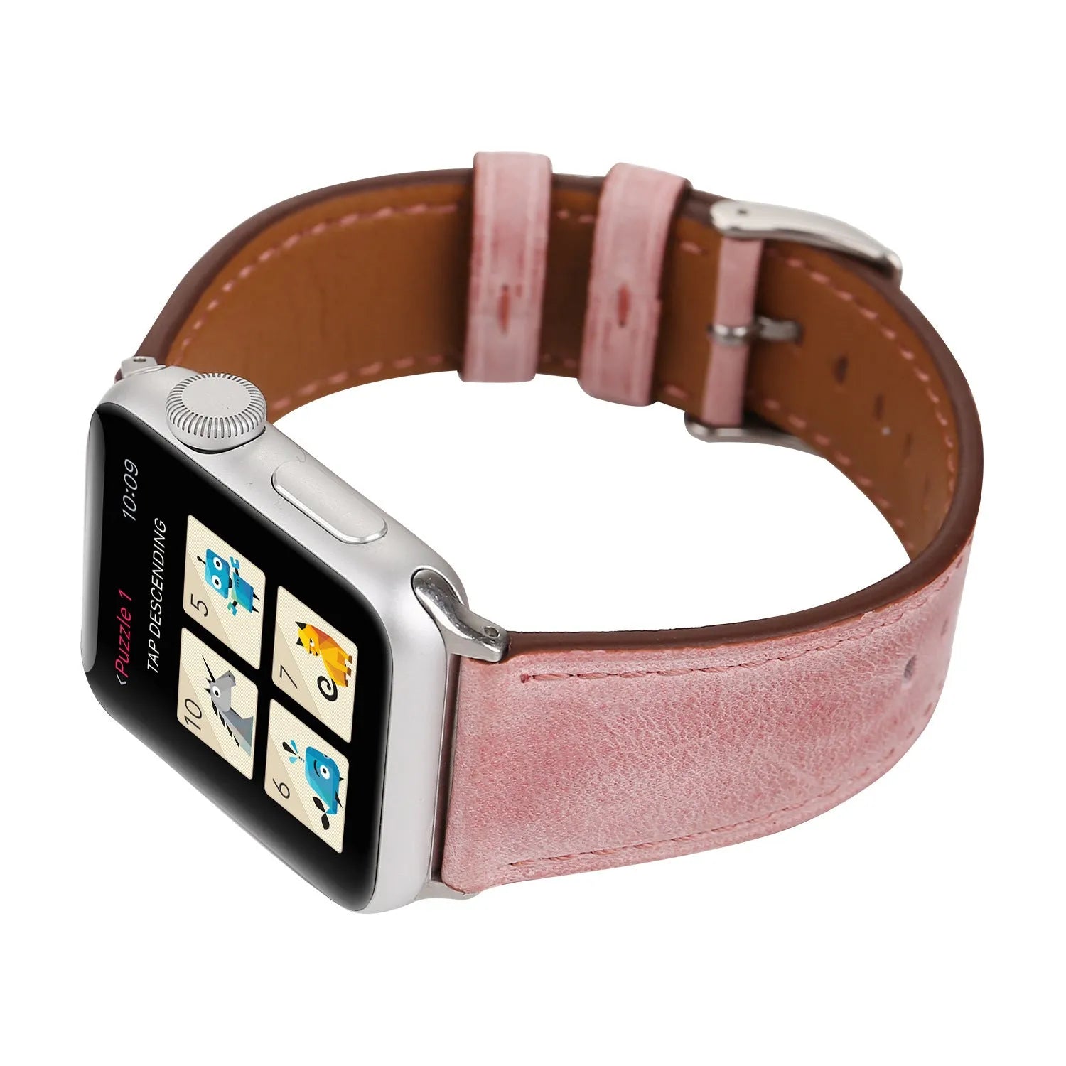 Leather watch strap with a folding buckle shown in multiple colour options.