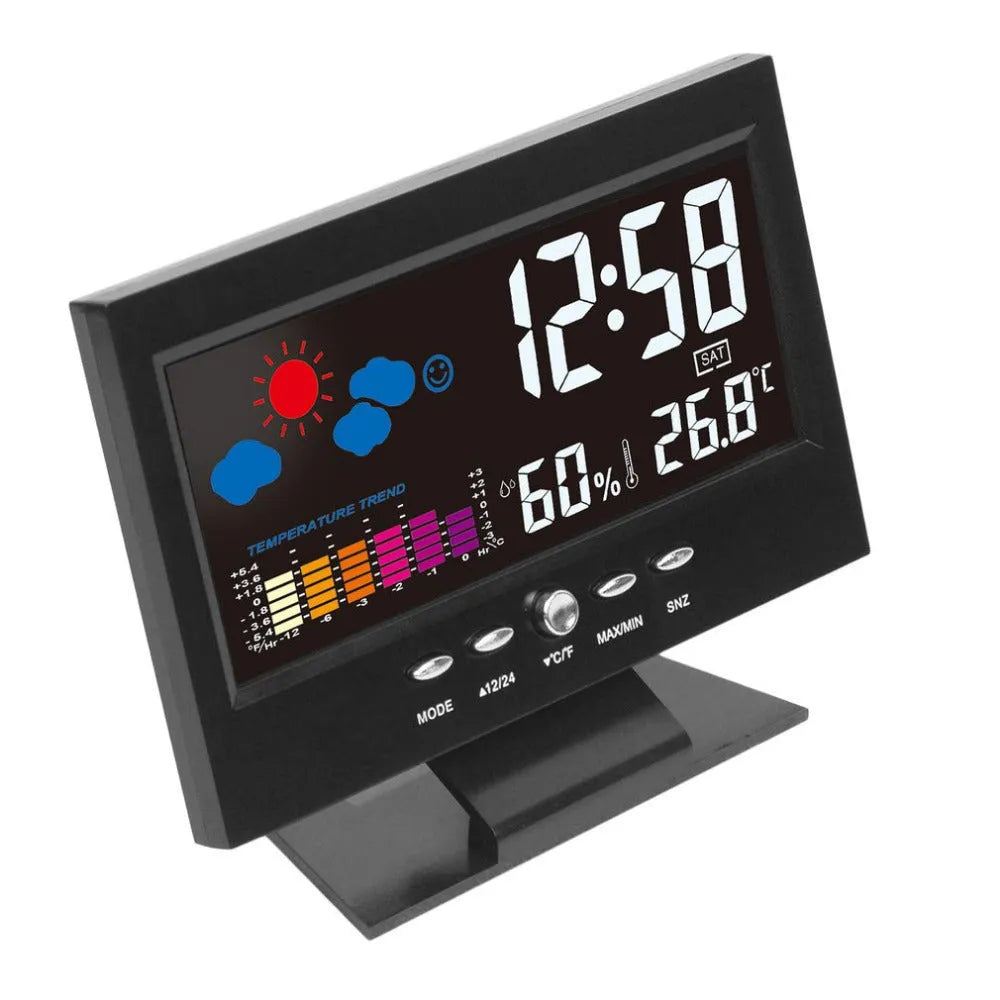 Multi-function large screen perpetual calendar clock showing time and date with voice-activated backlight in black finish
