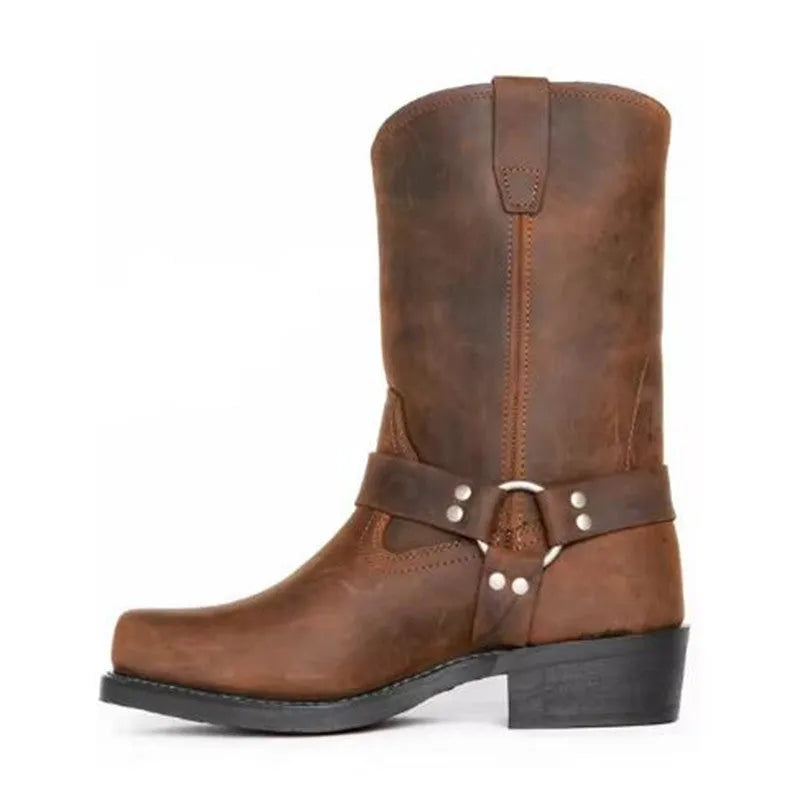 Men's vintage cowboy boots with belt buckle ring detail on shaft and leather soles in three western colour designs