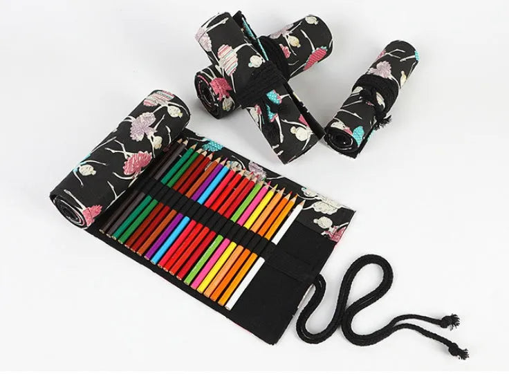 Ballet girl printed canvas rolling pencil case showing square design with multiple pencil compartments
