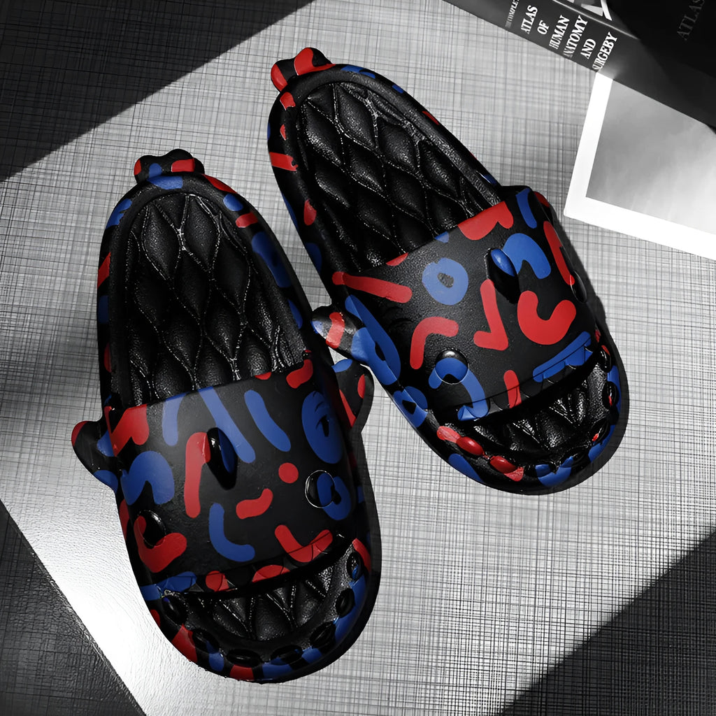 Open toe home slippers with shark design in soft EVA material, shown in multiple colour options.