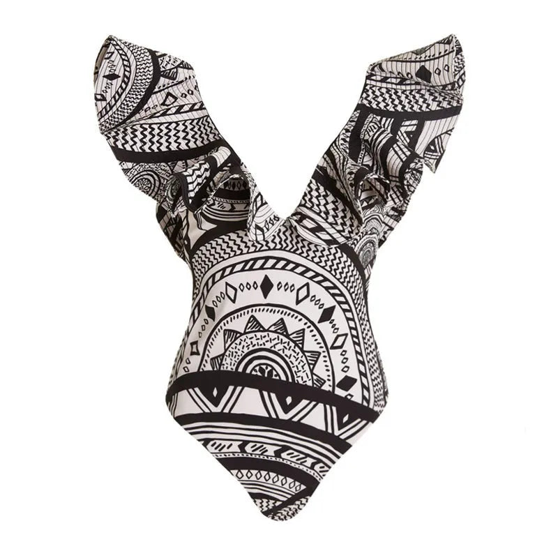 Women's vintage print one-piece swimsuit with deep V-neck and matching wrap skirt