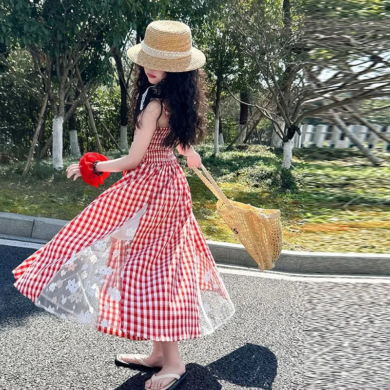 Red plaid non-slip girls dress with lace stitching and cartoon pattern