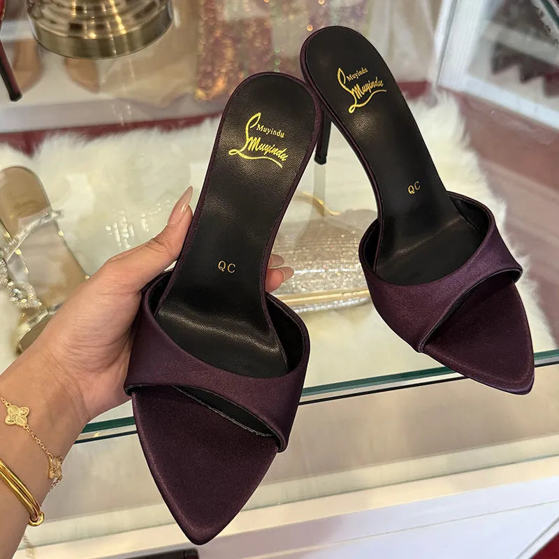 Women's black pointed toe stiletto sandals with ankle strap and 8cm heel