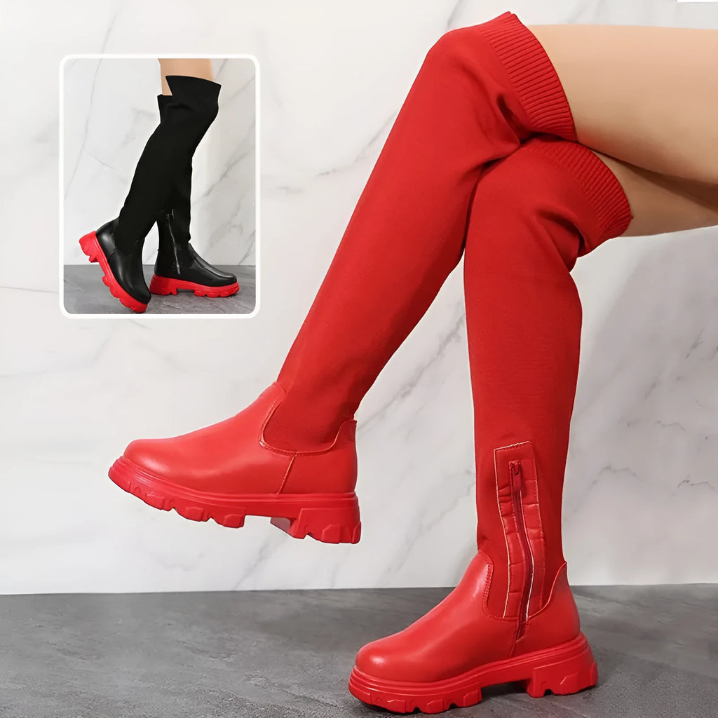 Women's knee high boots in black or red with side zipper, 3-5 cm square mid heel, artificial PU upper, and rubber sole.